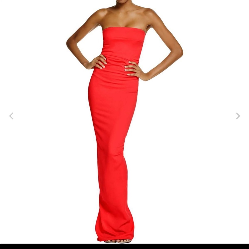 Nicole Batki Red strapless ruffle back dress.